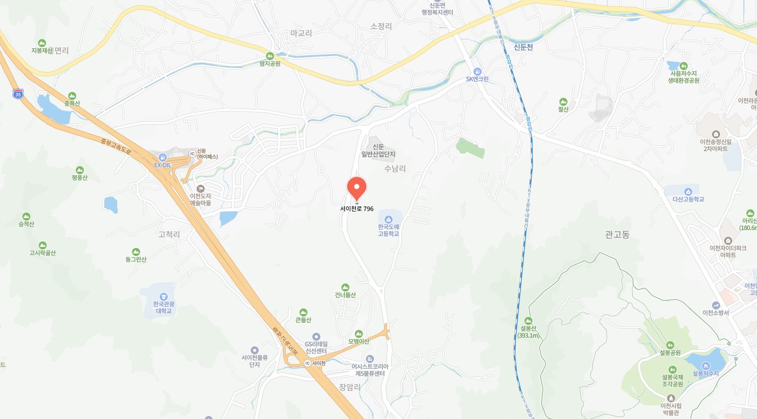 프레스코카자 위치 지도 — 신둔(하이패스) IC와 서이천 IC 사이, 경기 이천시 신둔면 서이천로 796